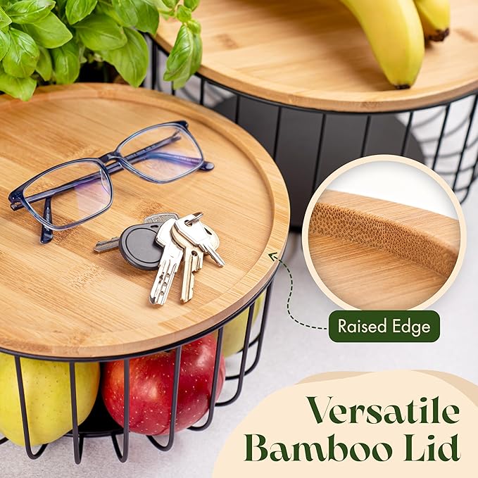 Fruit Basket for Kitchen Counter Set of 3 - Large Stackable Baskets with Bamboo Lid - Fruit Bowl, Perfect Holder For Fruits and Vegetable Storage -Keep Your Countertop Classy, Tidy and Slightly Fruity