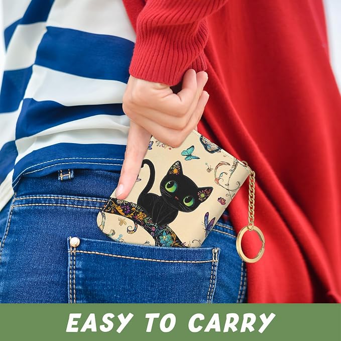 Aiawoxc Credit Card Holder, Small RFID Wallet Slim Leather Card Organizer Case with Zipper and Keychain, Cute Cat