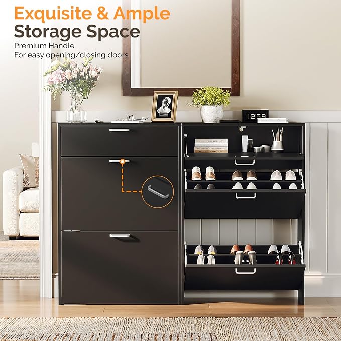 VINGLI Set of 2 Black Shoe Cabinet Storage for Entryway, 2-Pack Ultra Slim Shoe Organizer with 2 Flip & 1 Drop-Down Drawers, 24.8" W Narrow Shoe Cabinet, Modern Black Wood Shoes Rack for Hallway