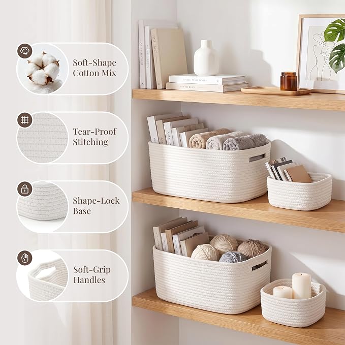 4-Pack Large Woven Rope Storage Baskets, 2 Sizes Organizer Bins | Fabric Cube Boxes and Rectangular Shallow Bins for Closet, Shelf, Bookshelf, Nursery, Changing Table, Bathroom, Toys & Home