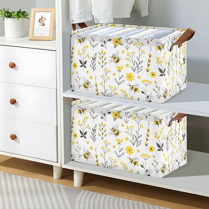Yellow Wildflower with Bee Storage Basket Foldable Cube Storage Bins with Handles&Labels Waterproof Collapsible Organizer Box Bin Large Rectangle Decorative Baskets for Shelves Home Living Room Closet
