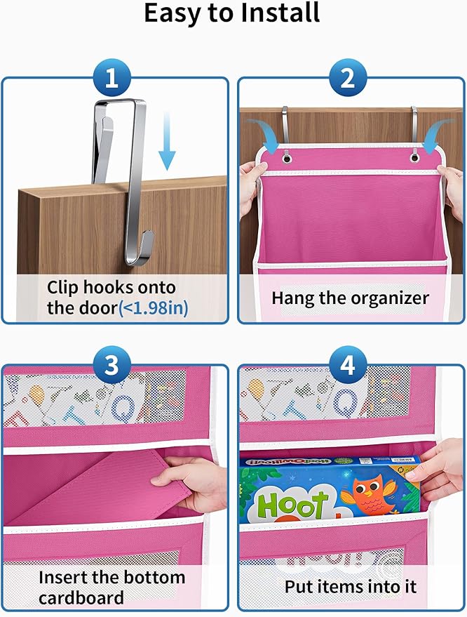 JARLINK 2 Pack Over The Door Organizer Storage, 5 Shelf Hanging Door Organizer with 5 Large Capacity Pockets, Anti Tilt 44 lb Load Behind Door Storage for Bedroom, Bathroom, Pantry, Nursery, Rose Pink