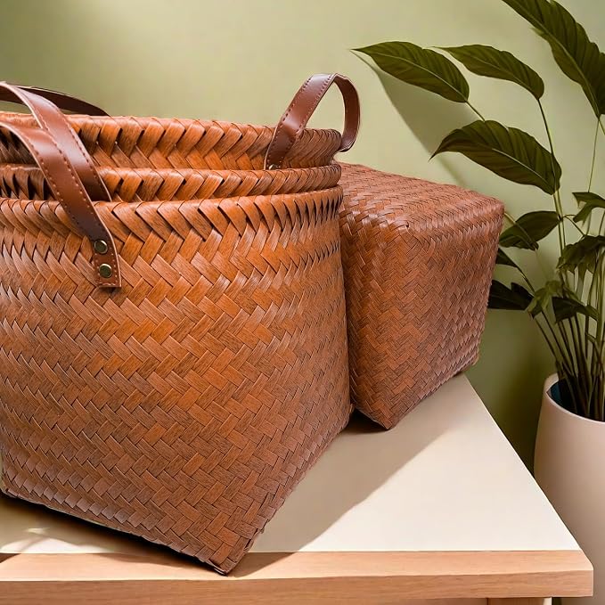 GIB Wicker Storage Baskets for Shelves, 11"x12" Round Woven Storage Cube Bins Organizer, Faux Rattan Wicker Blanket Basket for Organizing Clothes Toys Laundry Closet, 4 Pack, Brown