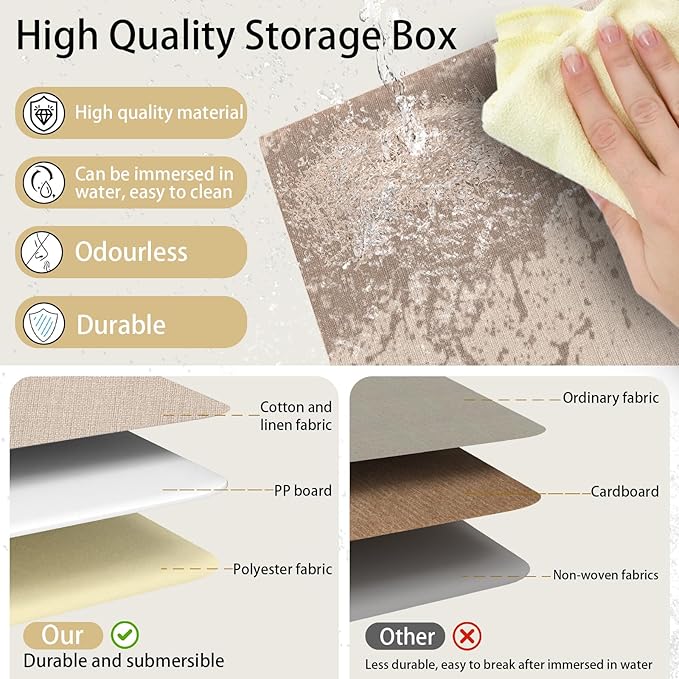 Yawinhe Collapsible Storage Boxes, Linen Fabric Baskets, Bin with lid and Leather Handle, Washable, for Home, Closet, Beige, 15.0''Lx9.8''Wx9.8''H, 1-Pack, USNK024BEL-1