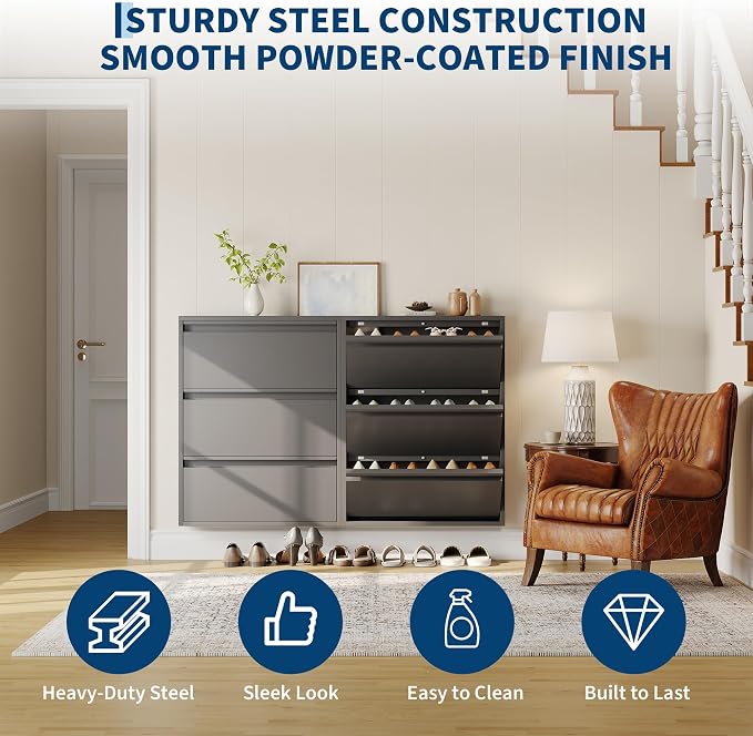 Garvee Slim Metal Shoe Cabinet with 3 Flip Drawers, Narrow Shoe Storage for Entryway, Wall Mounted or Floor Standing, Detachable Bottom Corners for Flexible Placement, Anti-Tip Safety Wall Mount