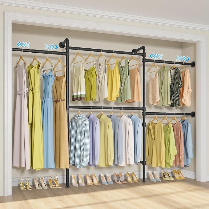 Timate P3 Wall Mounted Closet Organizer System with 5 Hanging Rods, Adjustable 5'8"–7'6", Heavy-Duty Modular Garment Rack, Space-Saving Closet Solution for Walk-in Closet, Bedroom & Small Spaces