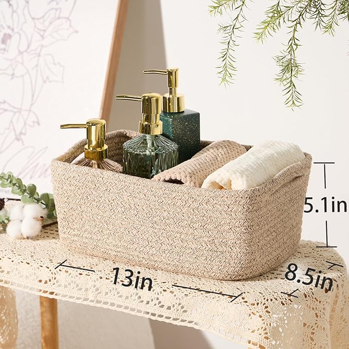 MiniArk Small Storage Baskets for Organizing | Closet Organizer Bins | Shelf Toy Basket | Woven Rope Baskets | Cube Decorative Box | Shallow Basket | 13x8.5x5.1” | 3 Packs Mixed Brown