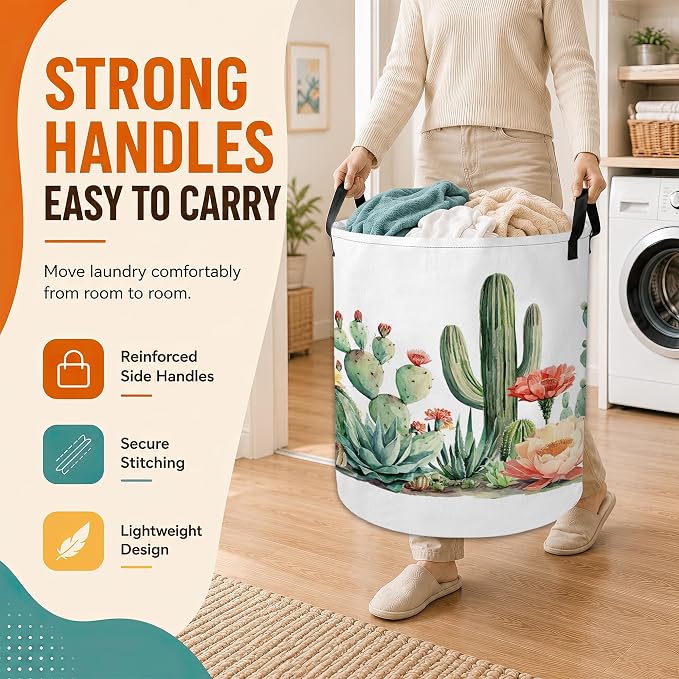 Cactus Succulent Laundry Basket,Greenery Flower Foldable Oxford Laundry Hamper with Handles,Collapsible Clothes Storage Basket for Bedroom,Bathroom,or Laundry Room,20.8 x 16 Inches