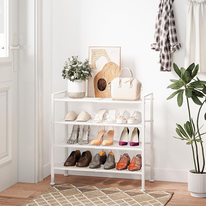 4-Tier Shoe Rack,Metal White Shoe Storage | Organizer Shelf for Closet,Entryway,Hallway,Dorm (White, 4 Tier)