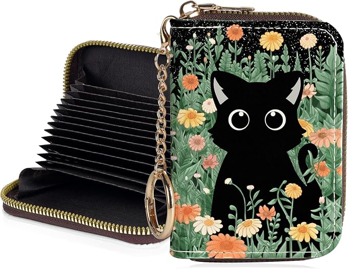 Credit Card Holder for Women,Small Rfid Wallet with Keychain Zipper,Cute PU Leather Card Case Wallet，Accordion Credit Card Wallets Gift,Yellow Flowers and Black Cats