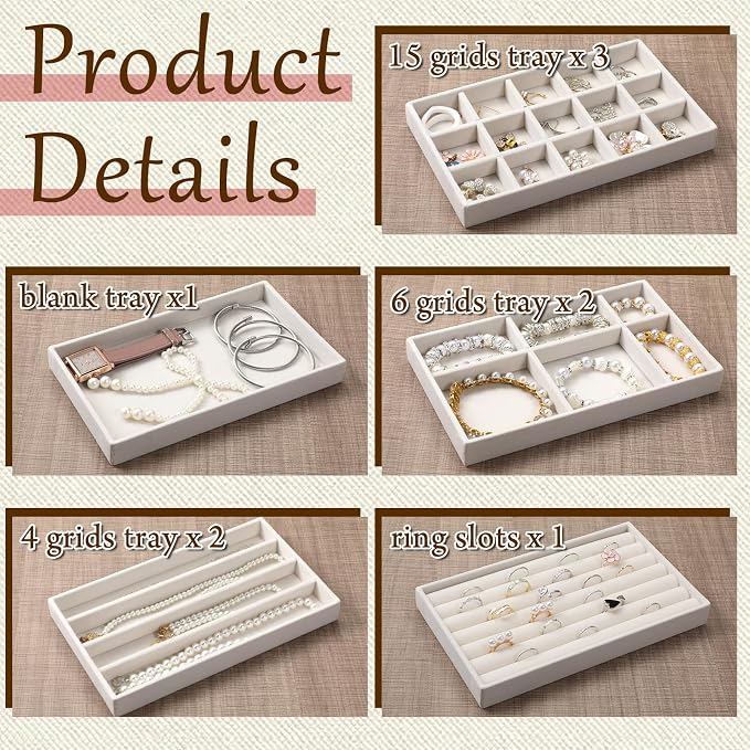 9 Set Velvet Jewelry Drawer Organizer Inserts, Stackable Jewelry Organizer Trays with Removable Dividers, Jewelrys Storage Display Tray, for Earring Ring Necklace Watch Bracelet, Beige