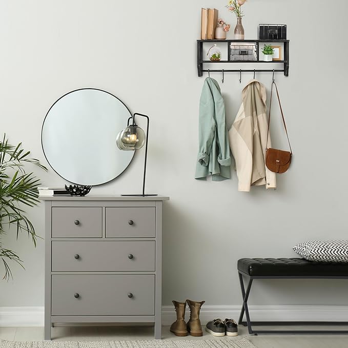 BizChair Wall Mounted Storage Rack - Blackwashed Solid Pine Wood - 24 Inch - Upper Shelf - 5 Hooks - Wire Baskets - For Entryway, Kitchen, Bathroom