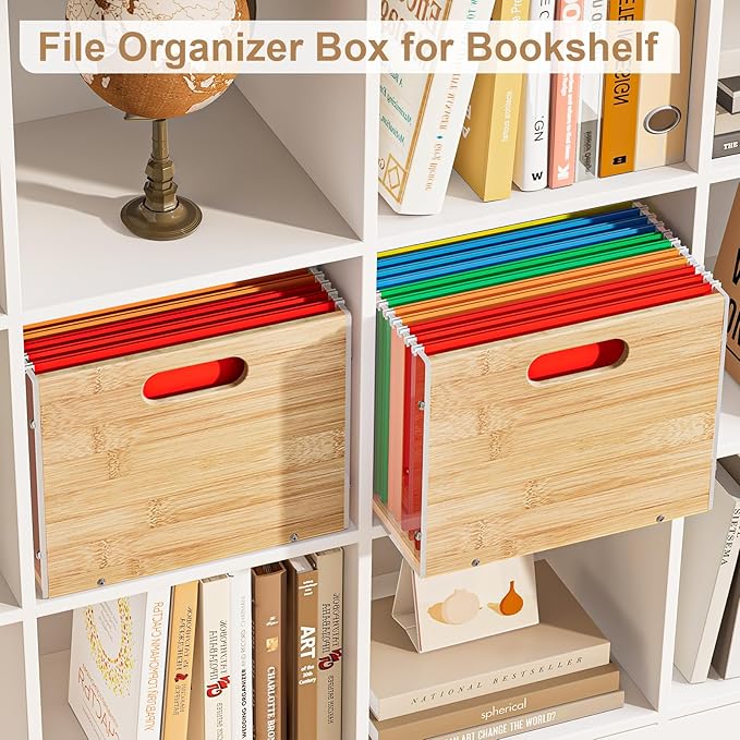 Sbanmao Clear Acrylic File Box Organizer, Bamboo Hanging Folder Storage Boxes, Filing Crate Bin Holder with Handle for Home Office Desk, Letter Size