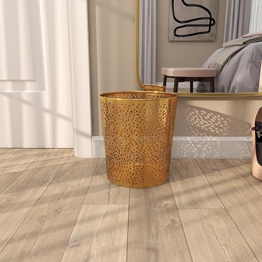 CosmoLiving by Cosmopolitan Metal Small Waste Bin with Laser Carved Floral Design, 9" x 9" x 10", Gold | Office Bathroom Floral Waste Basket With Laser Carved Design Office Wastebasket Waste Bin