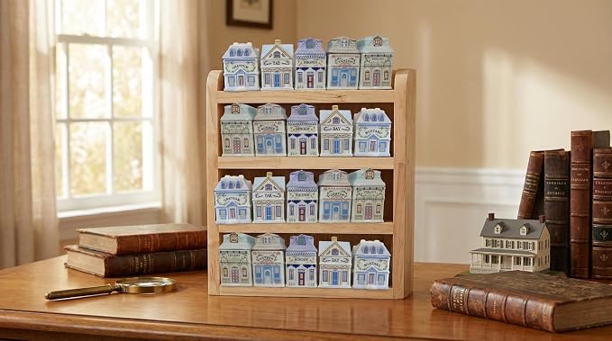 Wood Rack Shelf for Lenox Village Spice Jars 4-Tier Wall Mount Spice Rack for 24 Jars, No Assembly Required Display Organizer for Collectible Mini Spice Houses
