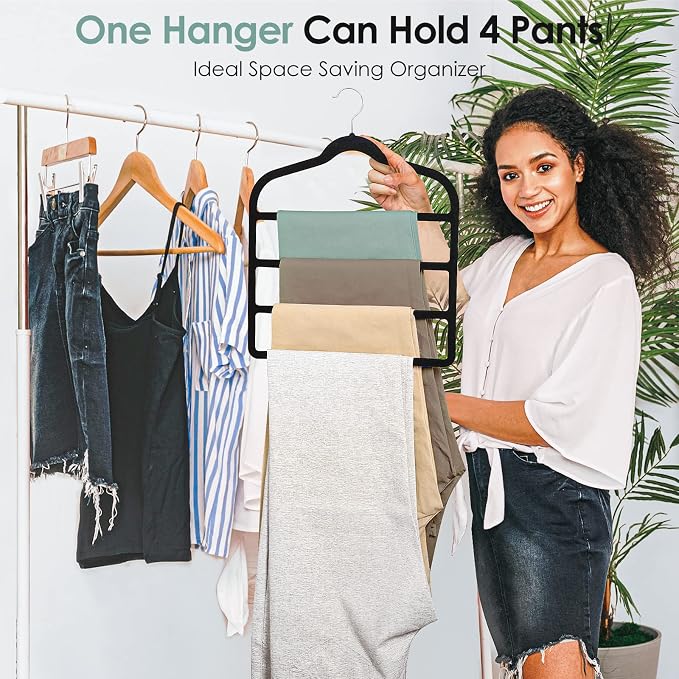Velvet Hangers Space Saving Non Slip Pant Velvet Hangers, DUDUCOFU 6 Pack Black Multi Layer Clothes Hangers Closet Organizer for Pants Trousers Scarf