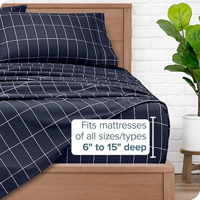 Bare Home Queen Sheet Set - Luxury 1800 Ultra-Soft Microfiber Bed Sheets - Double Brushed - Deep Pockets - Easy Fit - 4 Piece Set - Bedding Sheets & Pillowcases (Queen, Grid - Midnight/White)