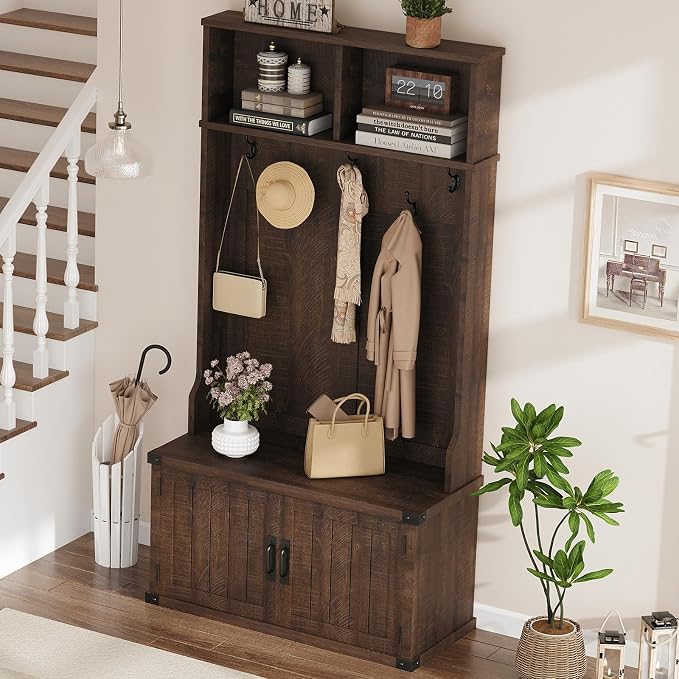 Garvee 77" H Farmhouse Hall Tree with Bench & Shoe Storage, Coat Rack | Mudroom Storage with 5 Tri-Hooks, Enclosed Cabinet, Adjustable Shelf, 2 Top Cubbies, for Entryway, Space Saving, Rustic Brown