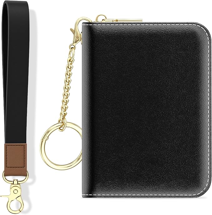 Aiawoxc Credit Card Holder, Small RFID Wallet Slim Leather Card Organizer Case with Zipper and Wristlet Strap, Black