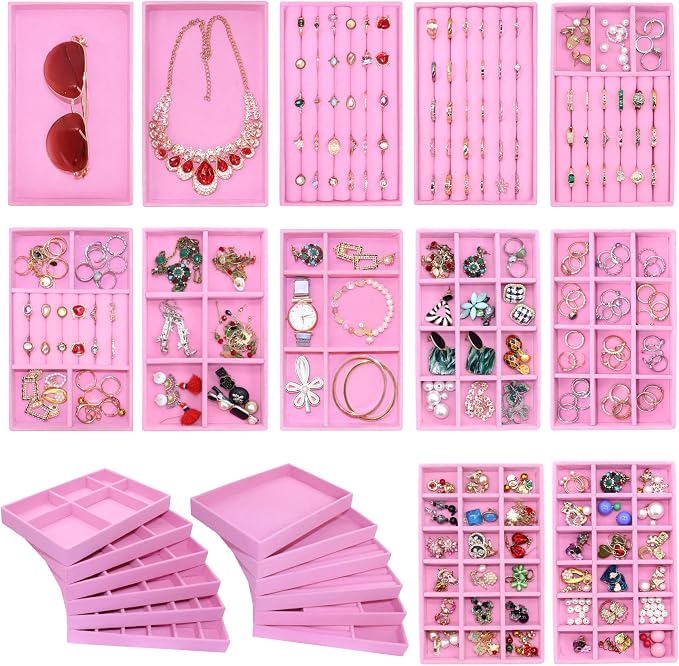 12 PCS Jewelry Trays Earriing Organizer Velvet Jewellry Drawer Box Stackable Jewelryy Dispaly Case for Rings Holder Necklace Bracelet Watch