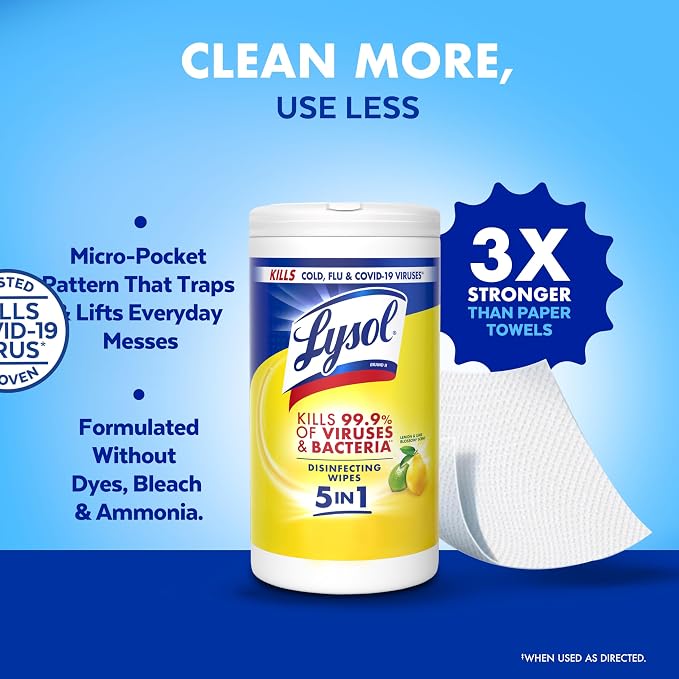 Lysol Disinfecting Wipes, Multi-Surface Cleaner, Lemon, 80 ct. (4 Pack) | All Purpose Cleaner, Sanitizing, Deodorizing, Apartment Essentials, Back To School Cleaning Supplies, Kitchen & Bathroom Wipe