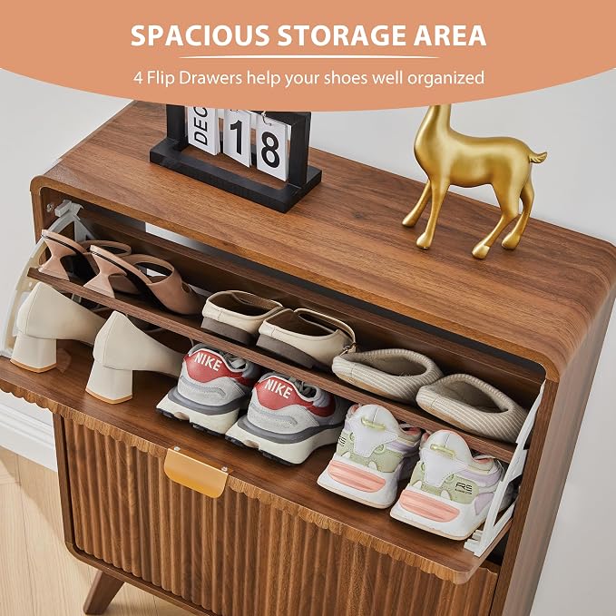 RARZOE Set of 2 Fluted Shoe Storage Cabinets for Entryway, Walnut | Narrow Curved Shoe Storage Cabinet with 2 Flip Drawers, Slim Shoe Rack Organizer for Foyer, Hallway, Fits Size 11 Shoes