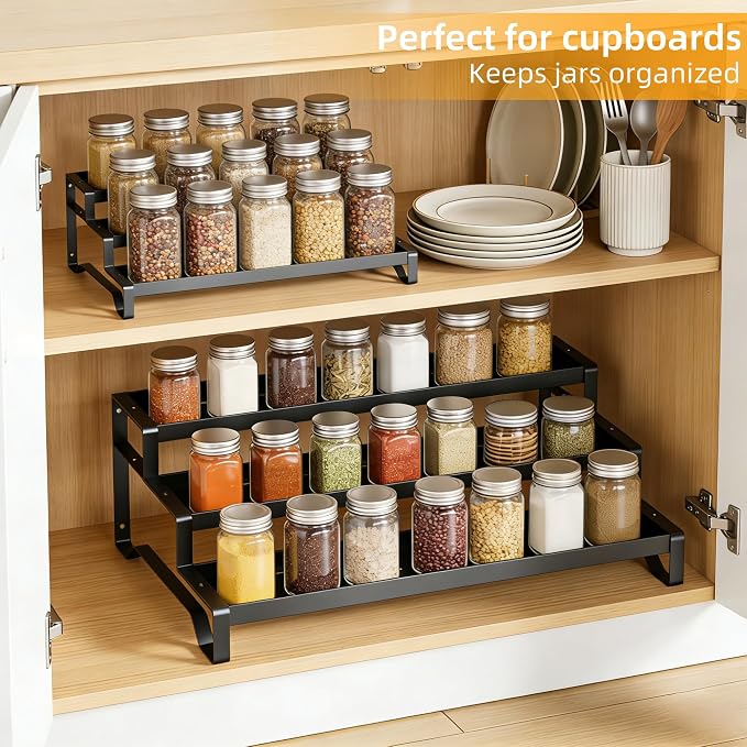3-Tier Spice Rack Organizer, 13"-21.5" Expandable Spice Organization Shelf, Metal Seasoning Organizer for Kitchen Countertop or Pantry, Slip-Resistant Design for Jars and Bottles, Black