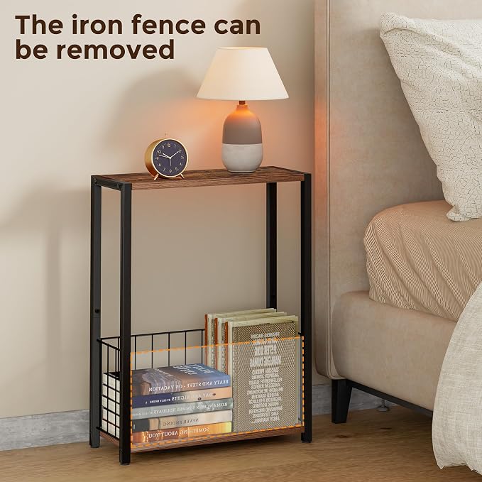 Homleke Narrow Side Tables Set of 2 with Magazine Holder, Skinny End Tables | Space-Saving Design, Small Spaces, Storage Shelf, Metal Frame, Easy Assembly, 7.1" D x 16.9" W x 23.6" H, Rustic Brown