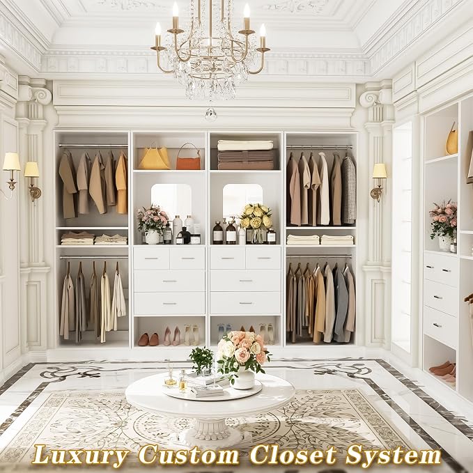 Unikito 100” Closet System with Drawers, 8.3FT Wood Closet Organizer with Hanging Rods and Mirror Design, Reversible Large Walk in Wardrobe Garment Rack with Shelves, Sturdy Closet Tower, White