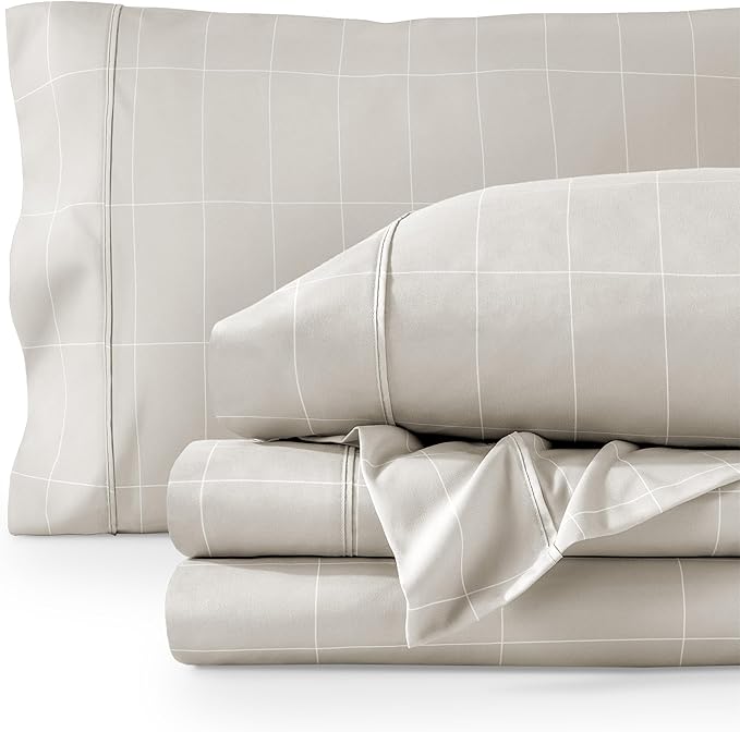 Bare Home Split King Sheet Set - 1800 Ultra-Soft Microfiber Bed Sheets - Double Brushed - Deep Pockets - Easy Fit - 5 Piece Set - Bed Sheets & Pillowcases (Split King, Grid - Stone/White)