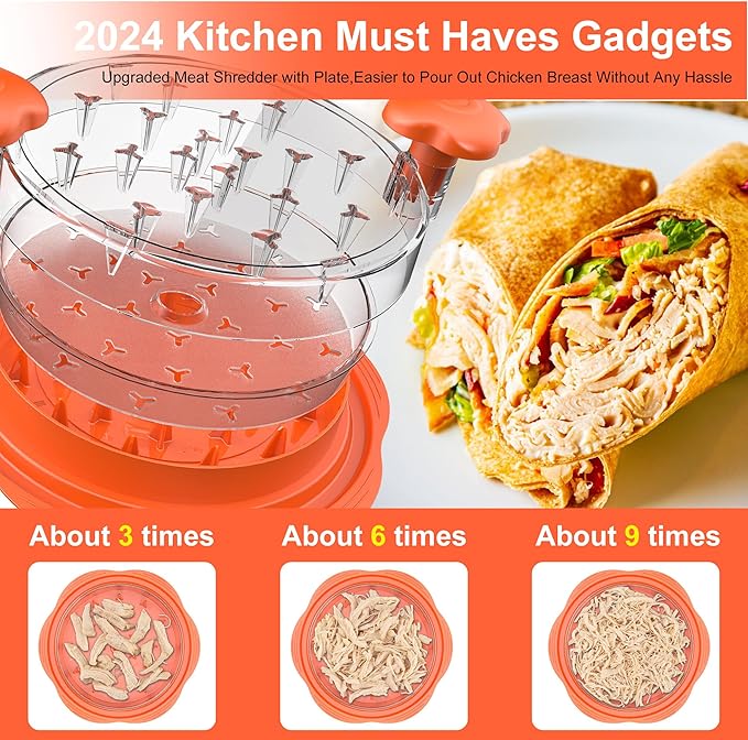 Chicken Shredder with Removable Plate - Manual Meat Shredder Tool with Transparent Lid & Cleaning Brush, Dishwasher Safe Kitchen Gadget for Shredding Chicken, Pork, Beef, Pulled Pork(Orange)