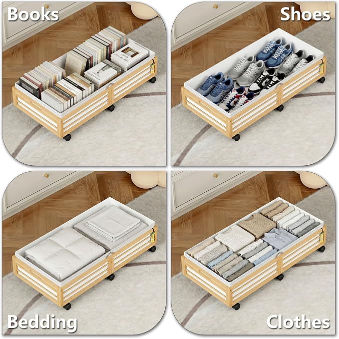Under Bed Storage Containers with Wheels, Larger Bamboo Wood Under Furniture Storage Containers with Dust Bags，Rolling for Shoes Clothes