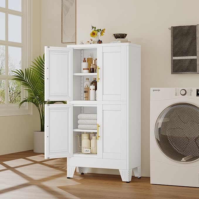 47“H White Metal Bathroom Storage Cabinet, Kitchen Pantry Cabinet with Doors and 3 Adjustable Shelves, Bathroom cabinets Organizer, for Home Office, Bedroom