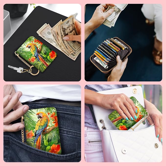 Blusabaca RFID Credit Card Holder Small Women Travel Wallet, Parrot Bird | Removable Keychain, Case with Zipper, Vegan PU Leather, Cash Coin Pocket, Business Accordion Purse, Ladies Female Gift
