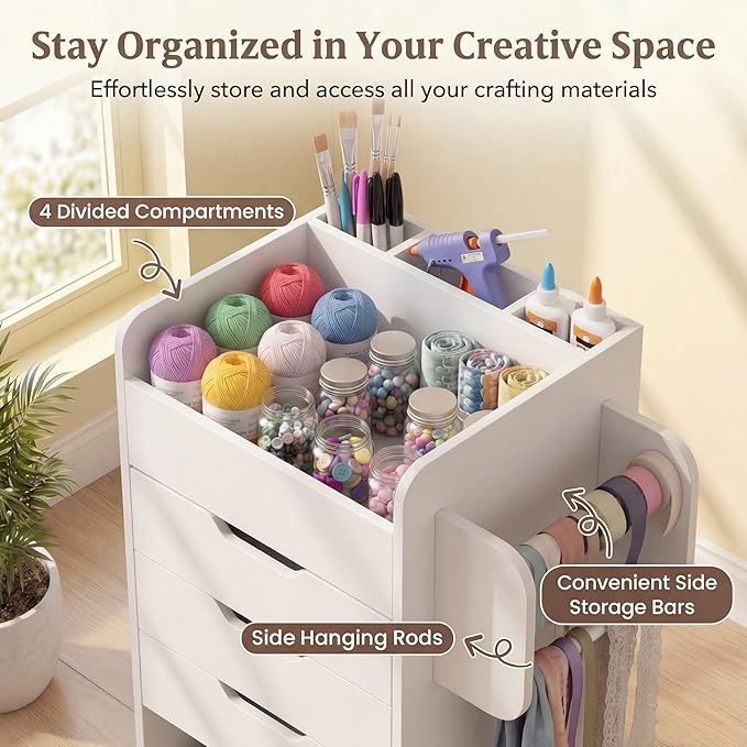 Tangkula Rolling Storage Cart, Wooden Drawer Cart with Drawers | Utility Storage Cart w/3 Shelves, Slots & Dowels, Mobile Organizer Cabinet on Wheels for Room Office Work Study