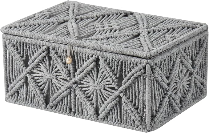 Decorative Boho Storage Baskets with Lid Bohemian Macrame Jewelry Box Handmade Natural Cotton Rope Woven Bins Memory Keepsake Photo Makeup Organizer Shelf Container (Gray, Large)