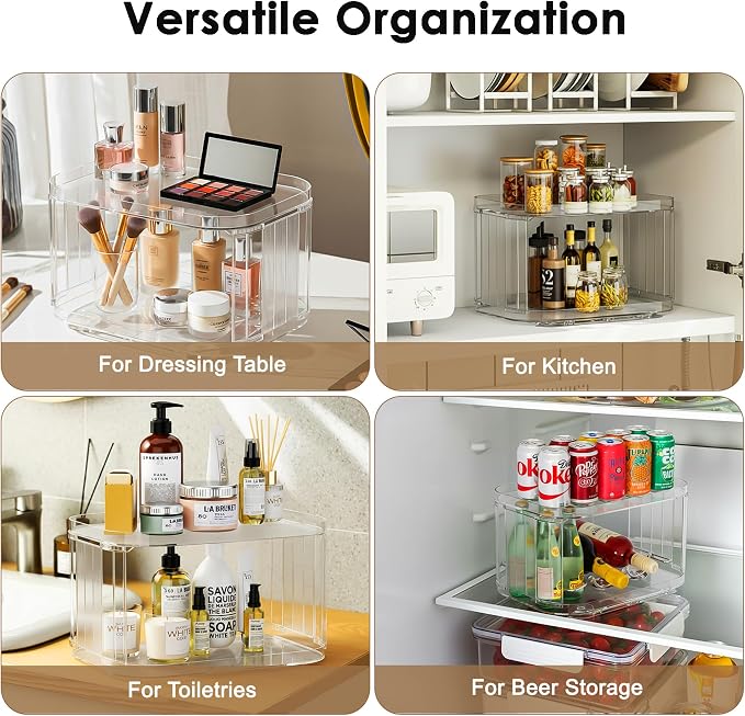 Lazy Susan Organizer for Cabinet, Pantry, Countertop (2 Tier 14" x 10" Clear - 2 Pack, Rectangular)