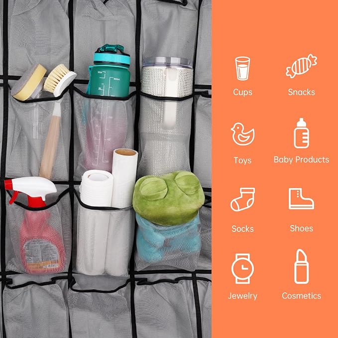 NiHome 35 Pockets Door Hanging Cup Organizer Fit for Stanley Tumblers, Gray | Large Capacity Over the Door Water Bottle Organizer in Kitchen, Pantry, Classroom, Elastic Mesh Secure Storage Cup Holder