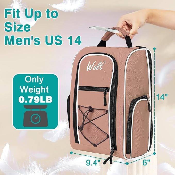 Wolt |Golf Shoe Bag for Travel- Zippered Shoes Carrier Bags with Ventilation & Double Outside Accessory Pocket for Socks, Tees, Golf Balls, Etc. for Women and Men (LightPink)