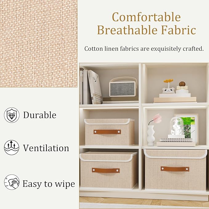 OUTBROS Collapsible Storage Cubes with Lid, Linen Fabric Wardrobe Baskets, Large Box For Towels, Clothes, 15 x 9.8 x 9.8 inch, Beige, 3-Pack