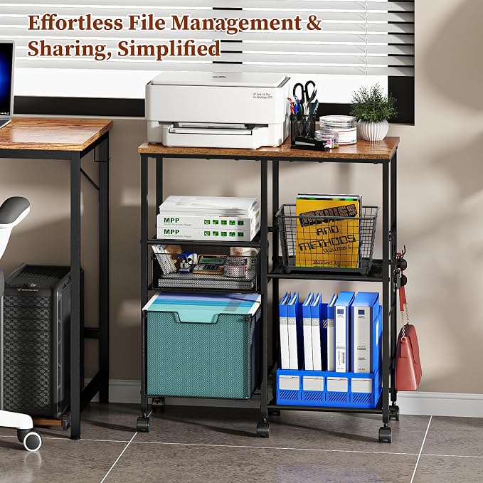 Tiaoheka Rolling File Cart with Wheels,Lateral File Cabinet with 2pcs Drawers,Rolling Printer Stand Cart with Open Storage Shelf,Hanging Filing Cabinet Organizer Cart Fits Letter Size for Home Office