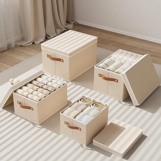 Foldable Storage Bin, 10.2×7.8×6.7 Inch Storage Box with Lid, Closet Organizer for Organizing with Handles, Beige, 1-Pack
