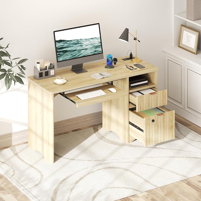 Bestier 55" Desk with Fingerprint Lock & Charging, Keyboard Tray, Oak | Partitioned Storage & Cable Management,Oak,Easy Assembly,Fingerprint Drawer Lock,Wear-Resistant Easy-Clean Desktop & Drawers