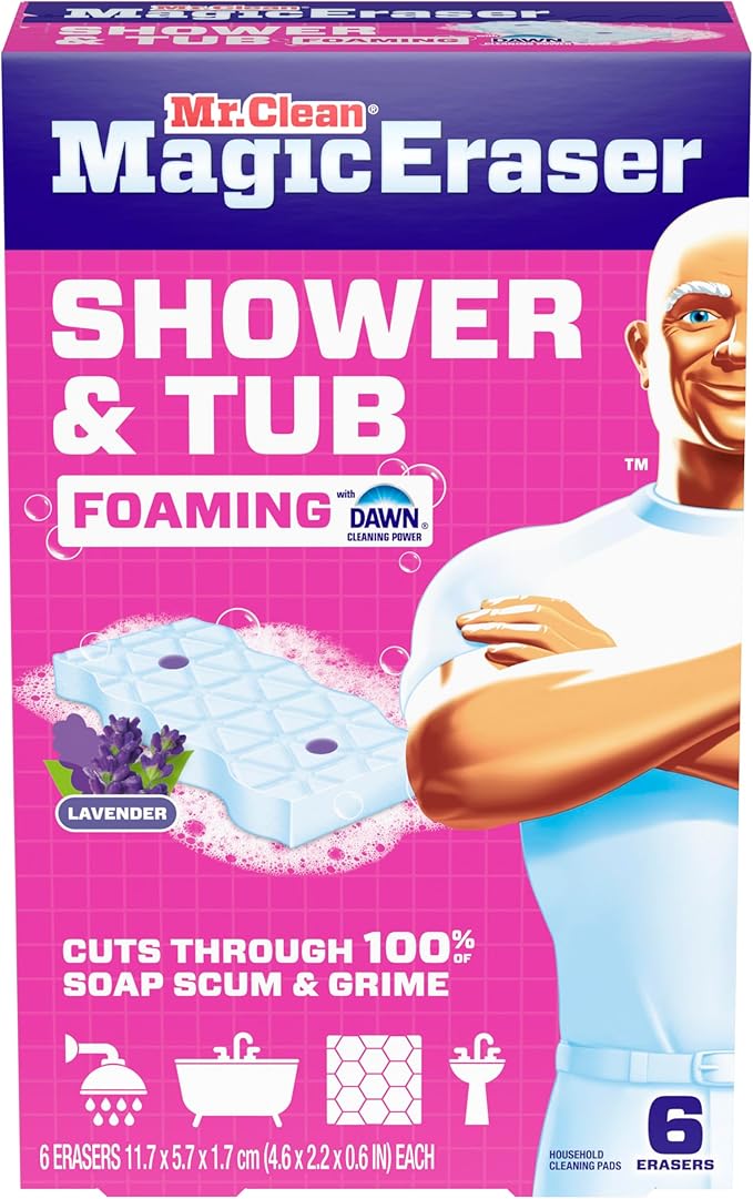 Mr. Clean Magic Eraser Sponge, Bathroom, Shower, Tub Cleaner, Soap Scum Remover, Bathroom Cleaning Supplies, Dawn Cleaning Power with Lavender Scent, Shower & Tub, 6ct