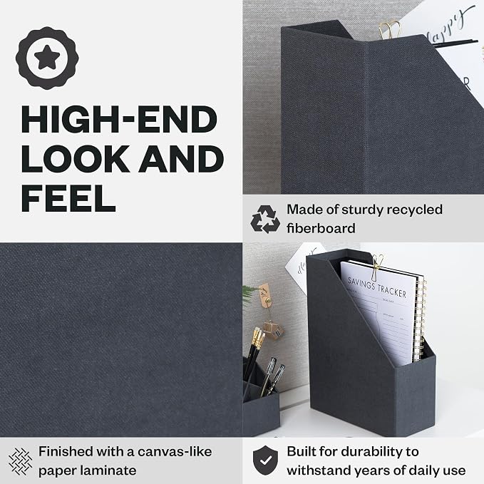Bigso Estelle Fibreboard Magazine Holder with Leather Handle - Magazine File Holder and Organizer for Papers and Catalogs on Home or Office Desks - W4.4 x D9.8 X H12.7 (inches) - Black
