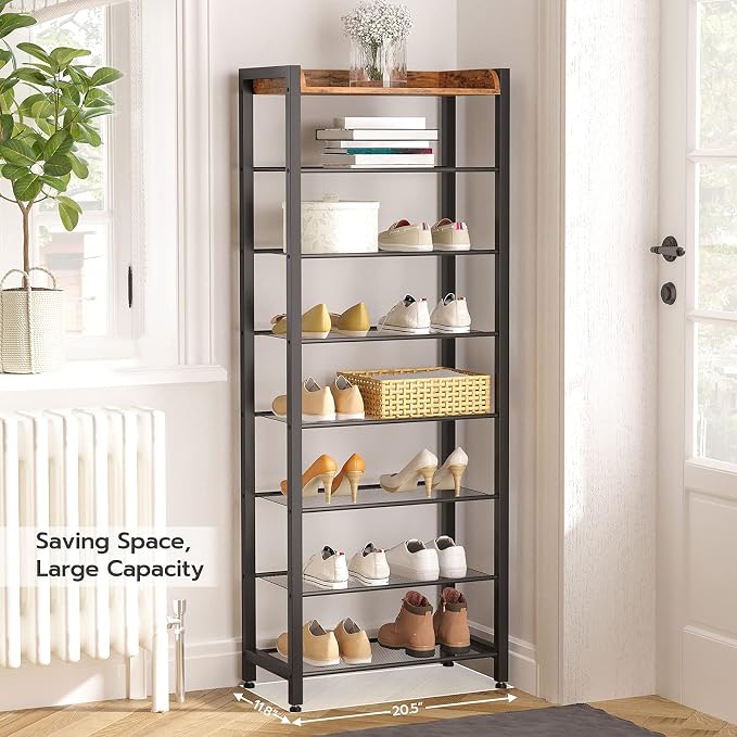HOOBRO 8 Tier Shoe Rack, Large Capacity Shoe Storage for 14-16 Pairs, Sturdy Metal Shoe Shelf for Closet Entryway, Space Saving Shoe Organizer for Sneakers Heels, Rustic Brown BF48XJ01