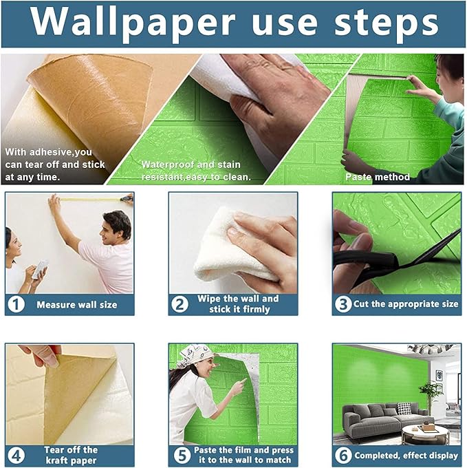3D Wall Panels, 58 sq.feet Coverage, Printable Wallpaper Sticker with Self-Adhesive Waterproof Brick PE Foam Wall Panels Peel and Stick for Interior Wall Decor, Home Decoration 40 PCS Green