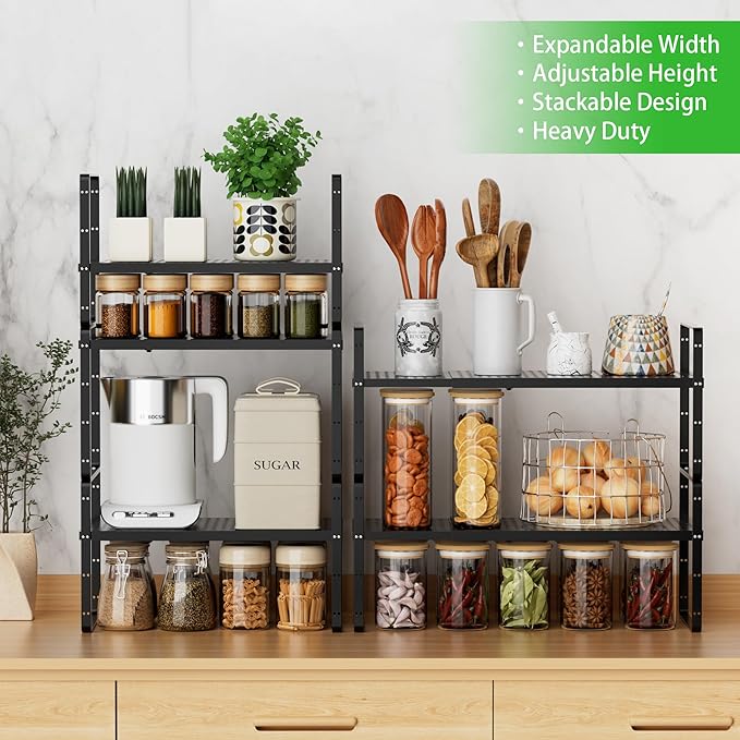 Expandable Cabinet Organizer Shelf - Adjustable Width (16.5”-27.1”), Stackable, Heavy Duty 80 lbs, for Kitchen Pantry, Countertop, Office, Spice Rack - Black, Large Size, 1 Pack