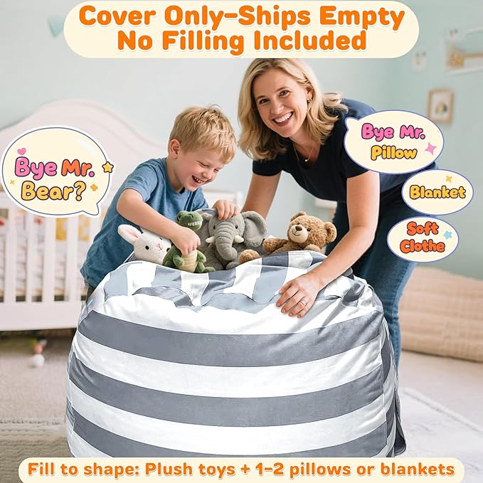 Lukeight Stuffed Animals Storage Bean Bag Chair Cover Only (Ships Empty, No Filling) - Velvet YKK Zipper Beanbag Cover for Kids and Big kids, Washable Plush Toy Organizer, X-Large 30" D x 18" H
