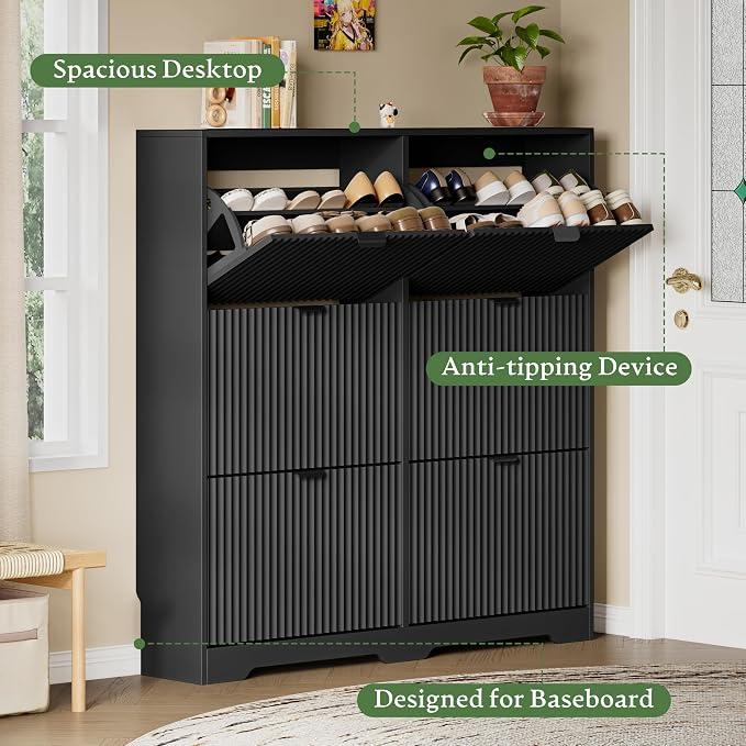 Xixini Shoe Storage Cabinet for Entryway with 6 Flip Drawers, Hidden Slim Wood Shoe Organizer with Modern Fluted Panel, Freestanding Narrow Shoe Rack for Front Door Entrance, Hallway, Foyer, Black
